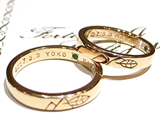 北海道滝川市自分たちで作る結婚指輪K18ピンクゴールドにエメラルド